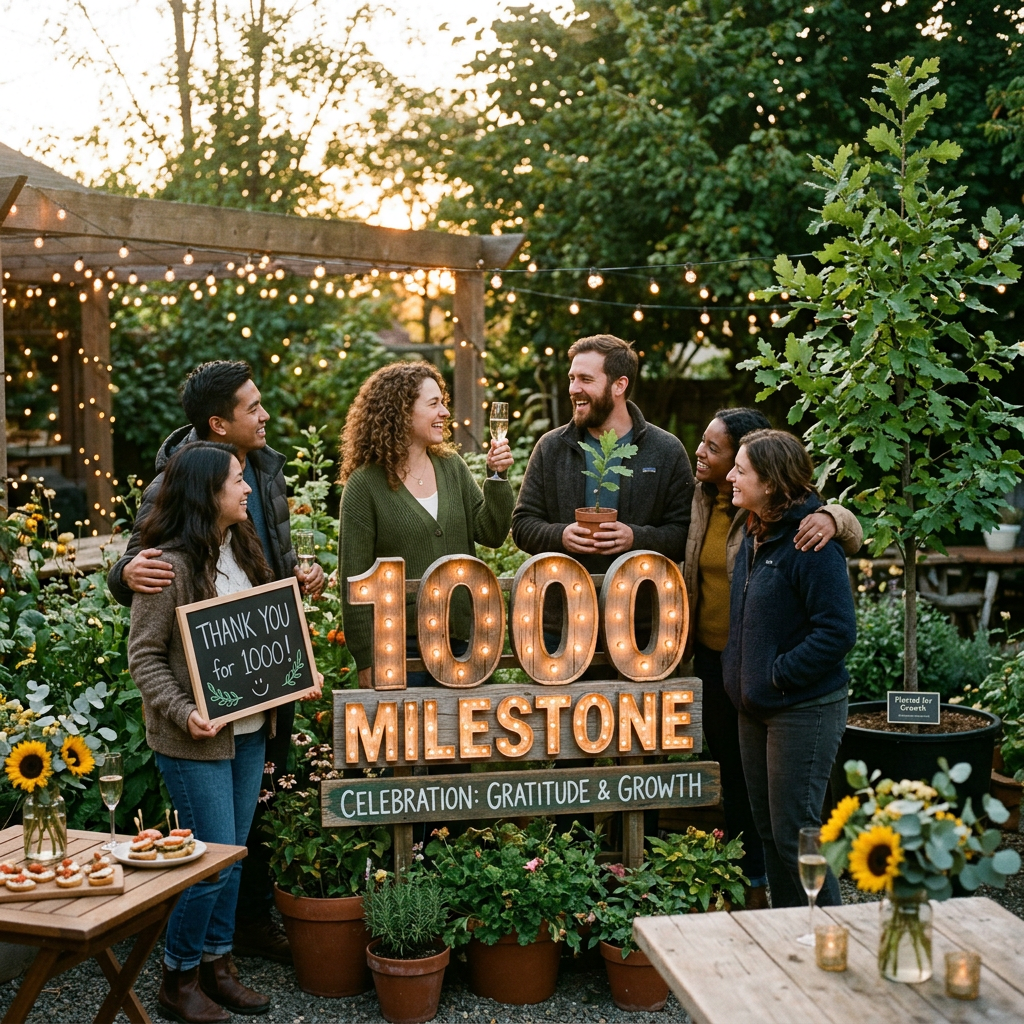 Group of six friends celebrating 1000 milestone with plants and drinks in garden