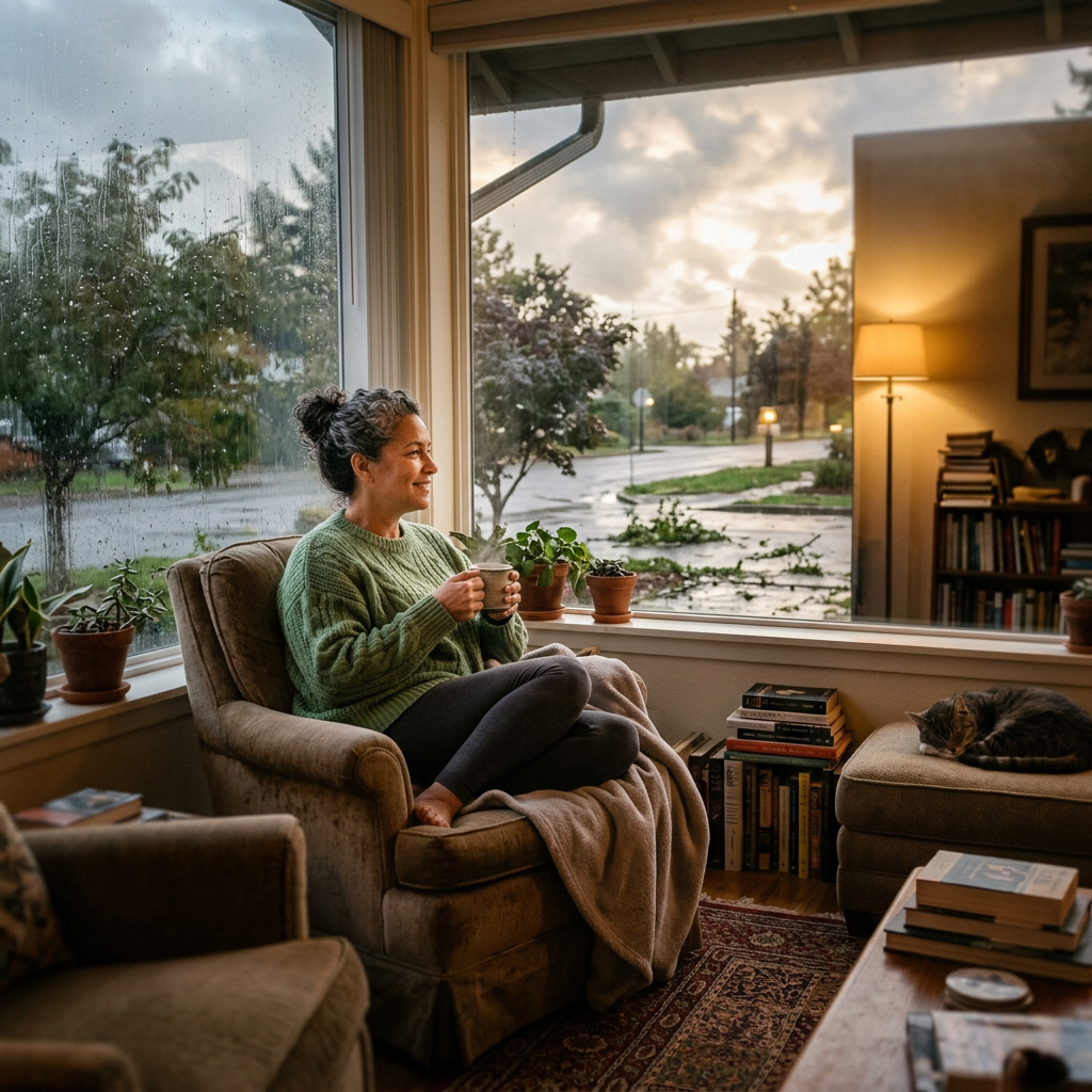 Woman sitting in armchair with mug, looking out rain-covered window, cat sleeping on ottoman
