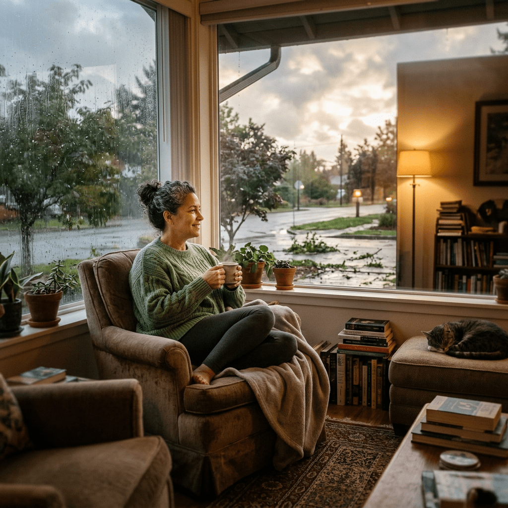 Woman sitting in armchair with mug, looking out rain-covered window, cat sleeping on ottoman