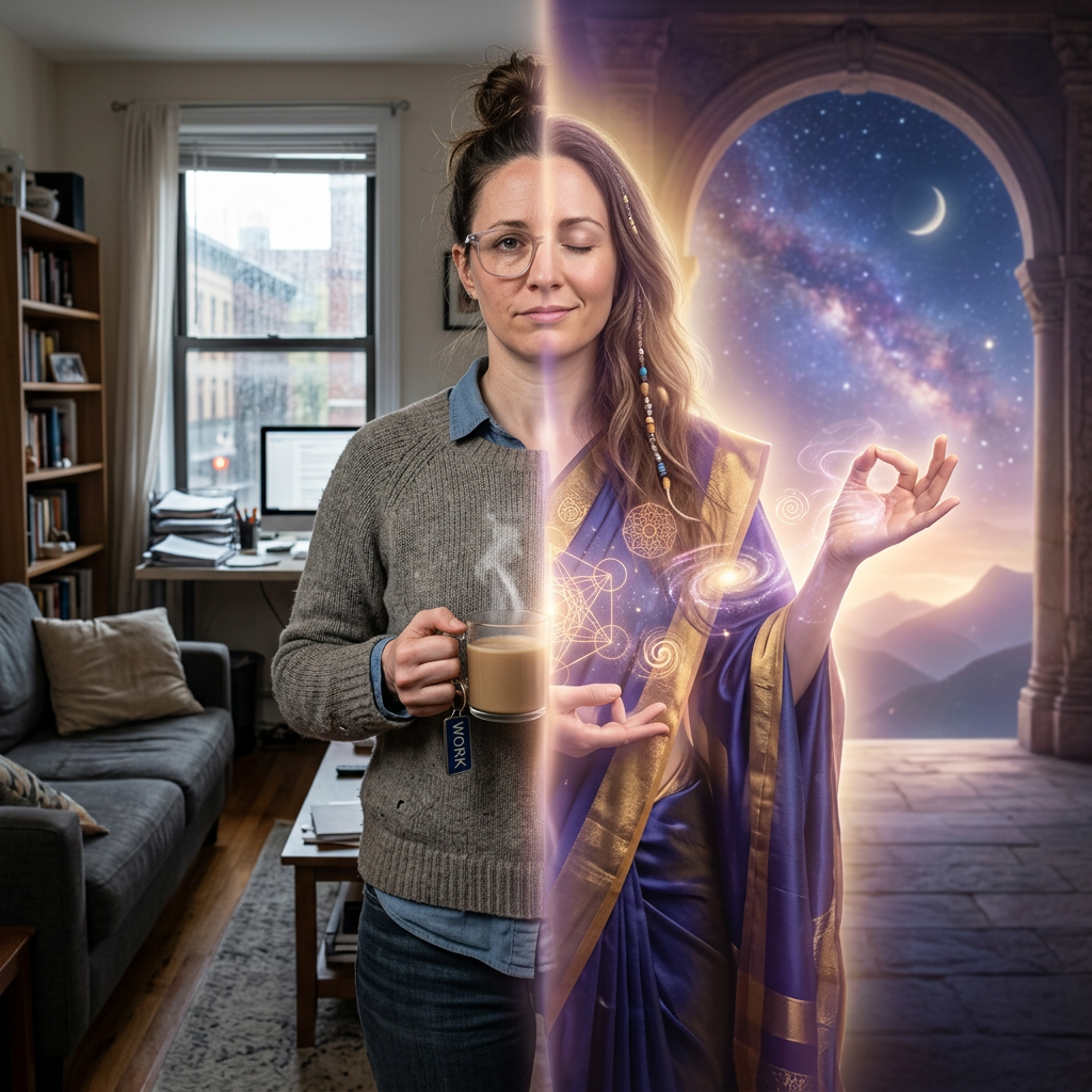 Woman holding coffee in an office half-transformed into a mystical figure meditating under a starry sky