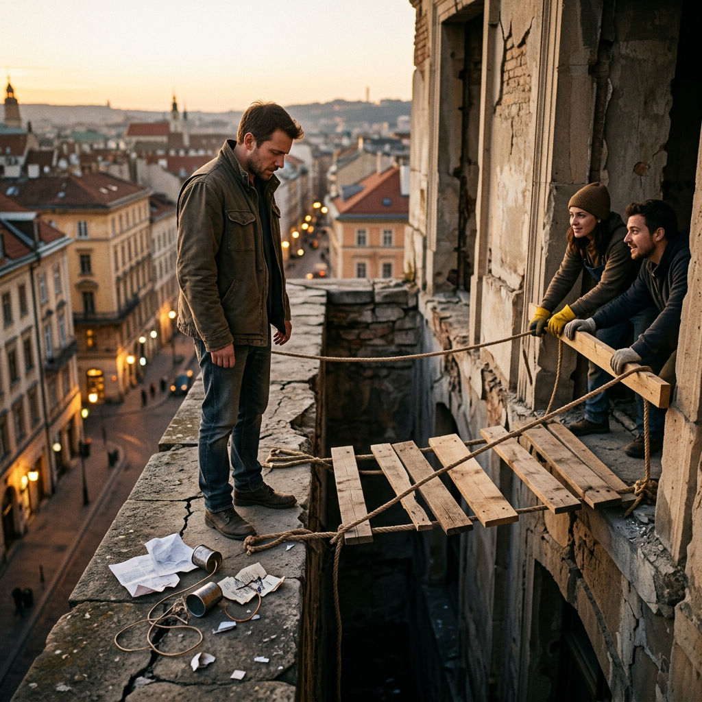 Three people creating a wooden and rope bridge between two buildings in a city at sunset.