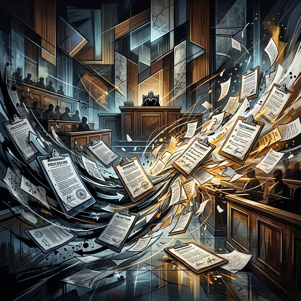 Courtroom with judge and swirling legal documents including testimonies and procedures