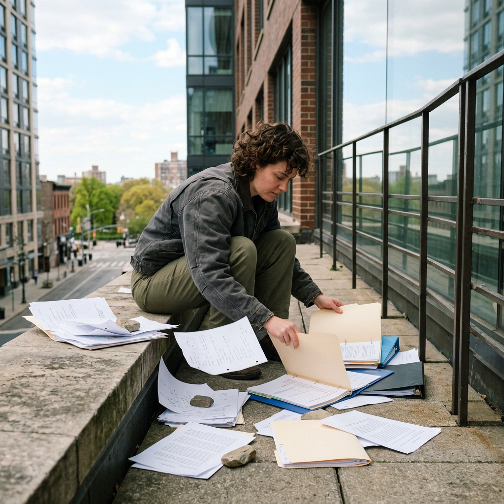 Person crouched organizing papers and folders on rooftop terrace
