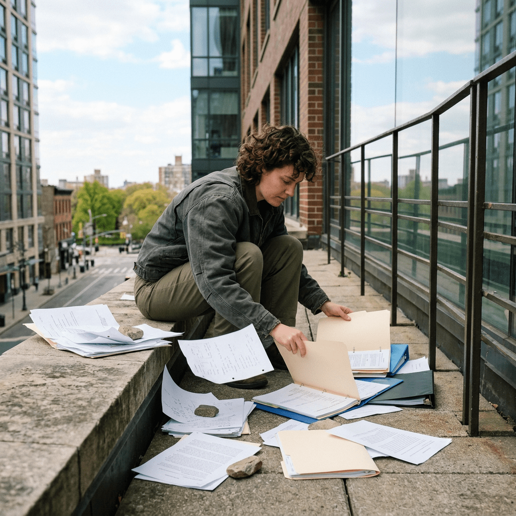 Person crouched organizing papers and folders on rooftop terrace