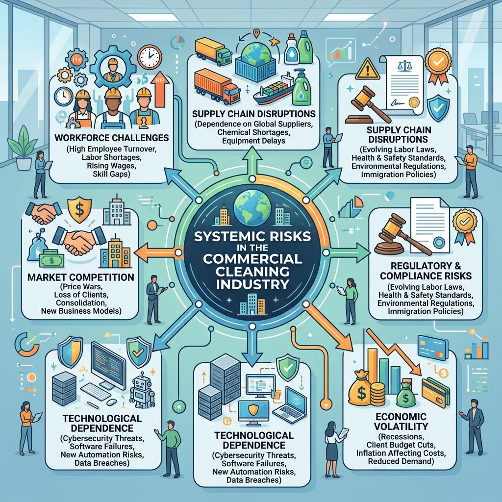Infographic showing key systemic risks in the commercial cleaning industry including workforce challenges, supply chain disruptions, market competition, regulatory risks, technological dependence, and economic volatility.