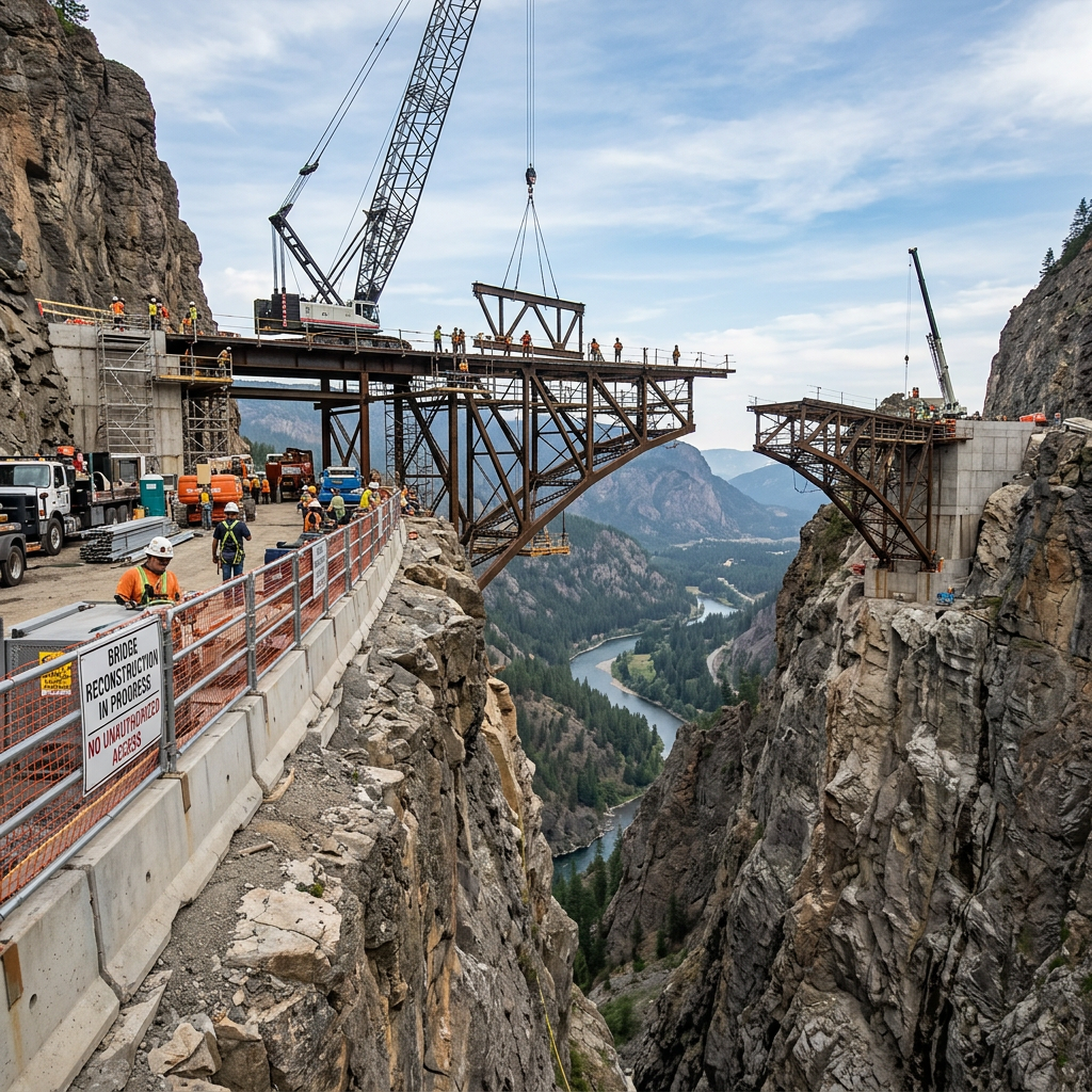 Bridge rebuilding between two separated cliffs with barrier