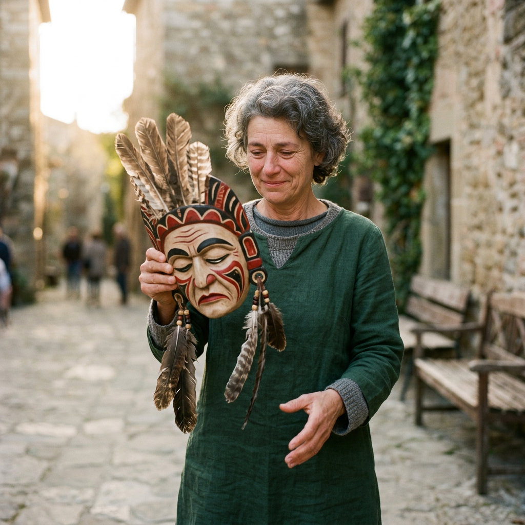 Woman holding a carved wooden mask decorated with feathers