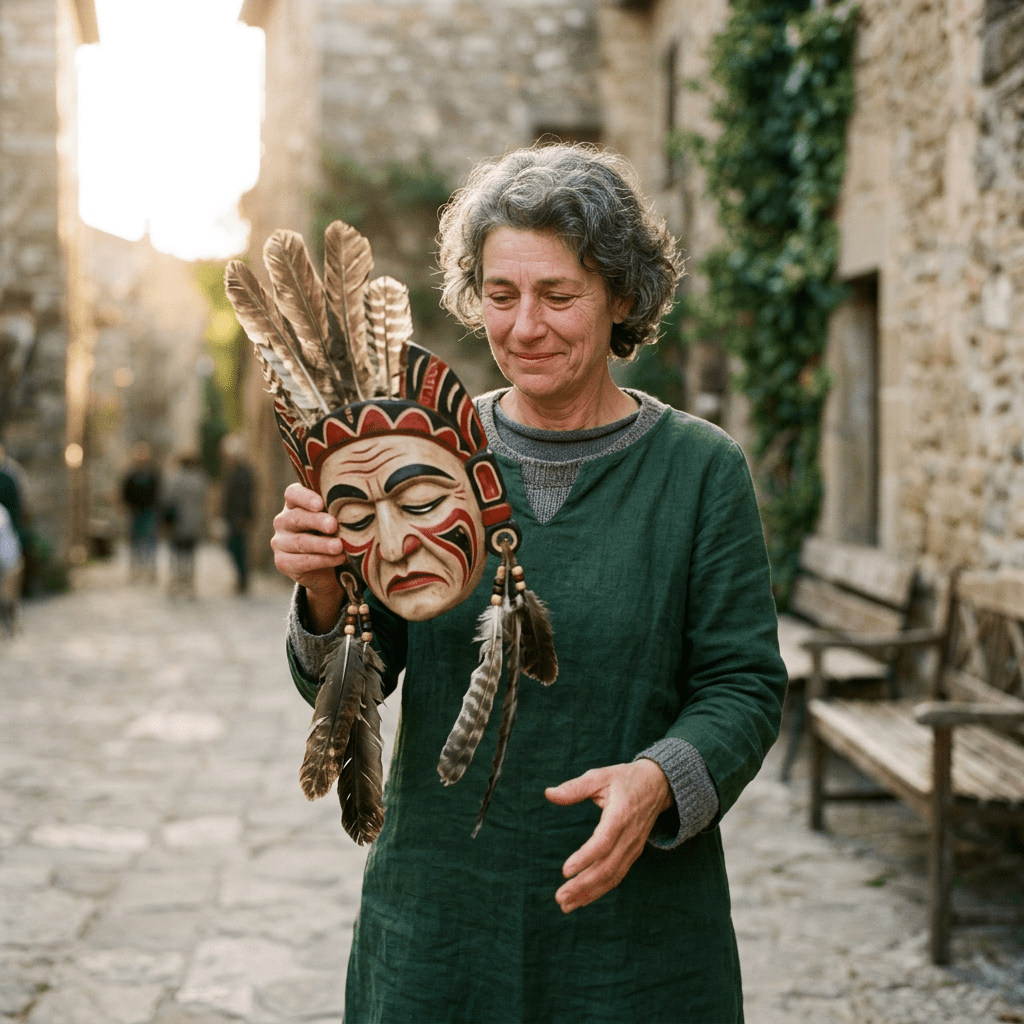 Woman holding a carved wooden mask decorated with feathers