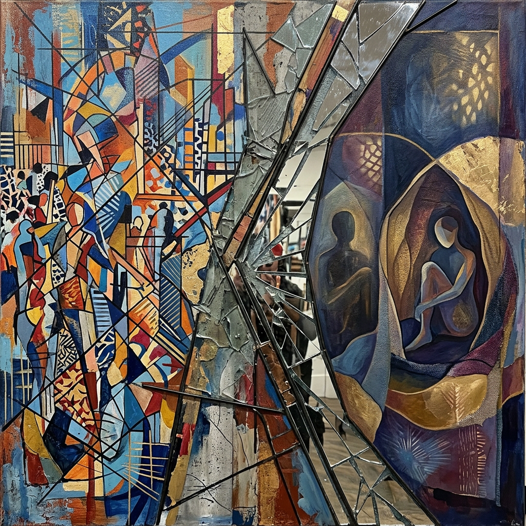 Abstract painting combining cubist colorful shapes and surrealist seated figure separated by shattered glass