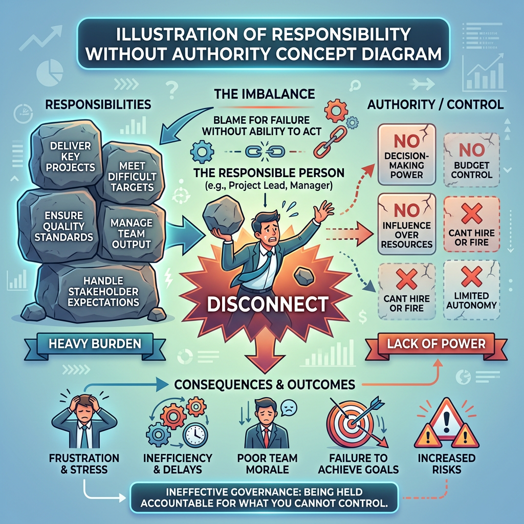 Diagram showing responsibility without authority with tasks on the left, a stressed manager in the center, lack of control on the right, and negative consequences below.
