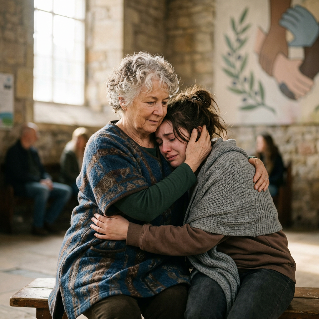 Older woman comforting younger woman crying and resting head on her shoulder