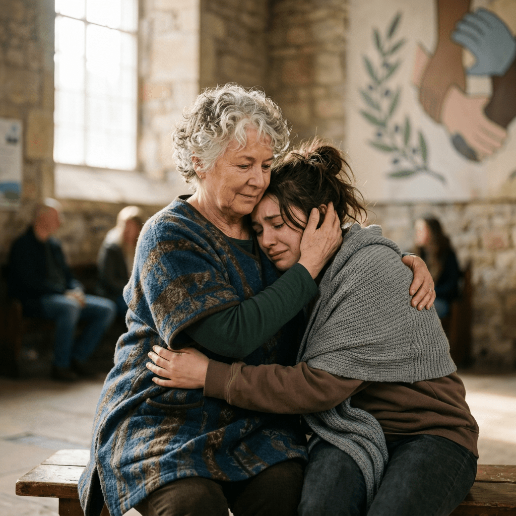 Older woman comforting younger woman crying and resting head on her shoulder