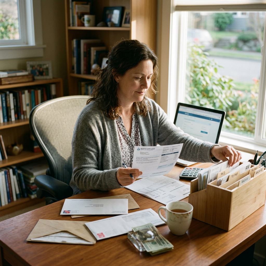 Woman sitting at desk organizing mail and reviewing bills
