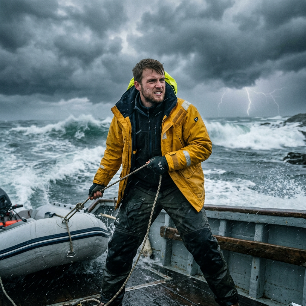 Man in yellow rain jacket holding rope on boat with stormy sea and lightning