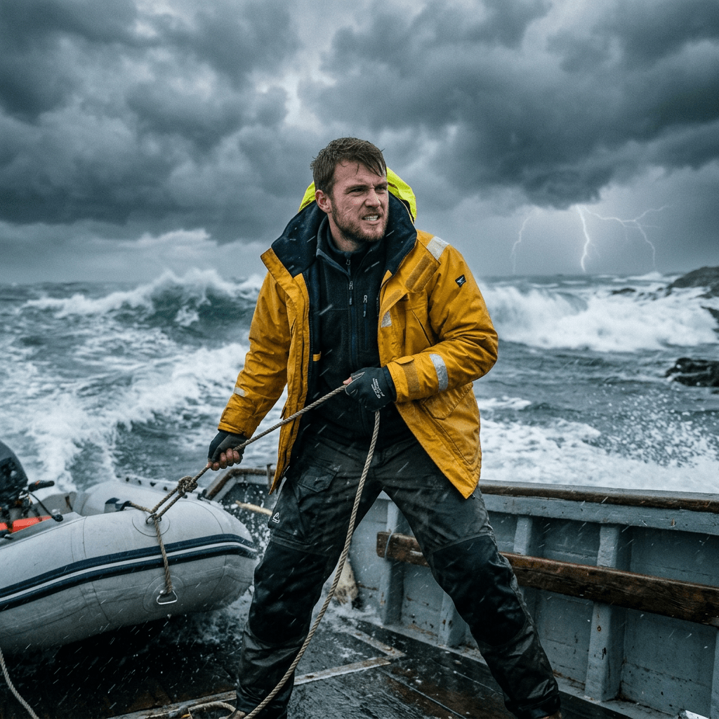 Man in yellow rain jacket holding rope on boat with stormy sea and lightning