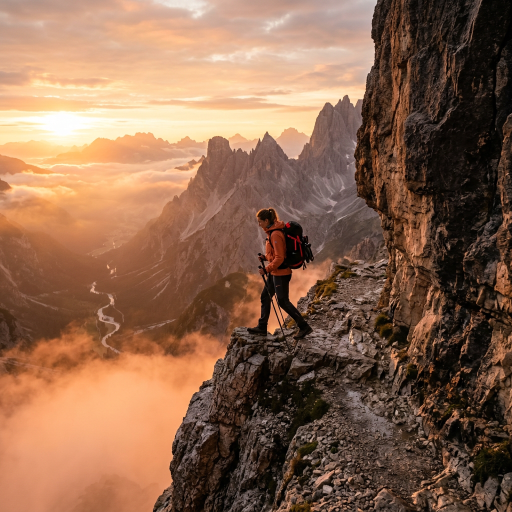 Hiker with backpack walking on narrow rocky mountain trail during sunset