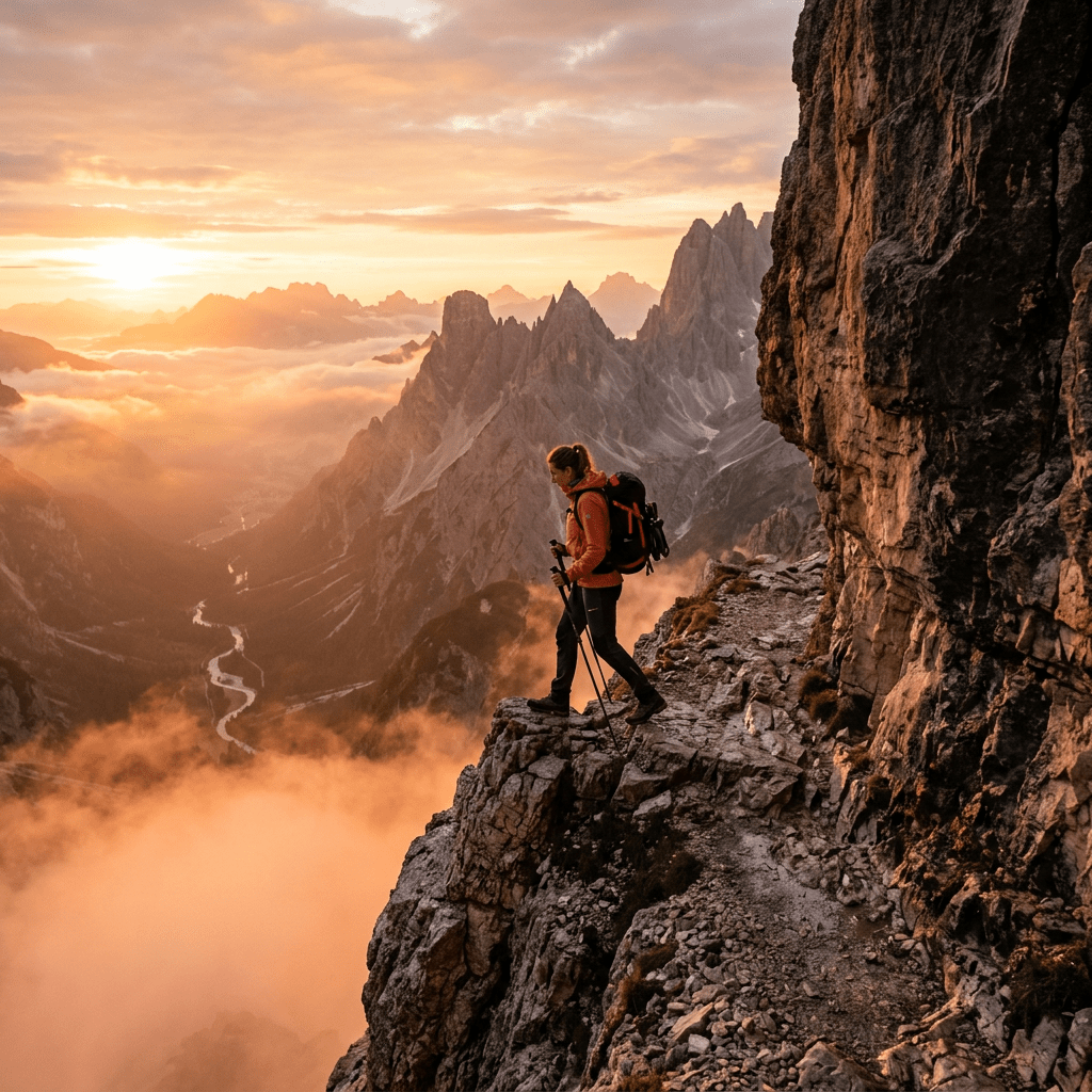 Hiker with backpack walking on narrow rocky mountain trail during sunset