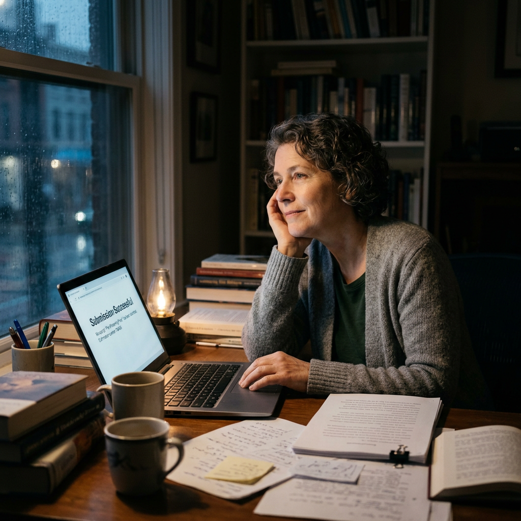 Woman at desk with laptop showing successful submission message and manuscript papers