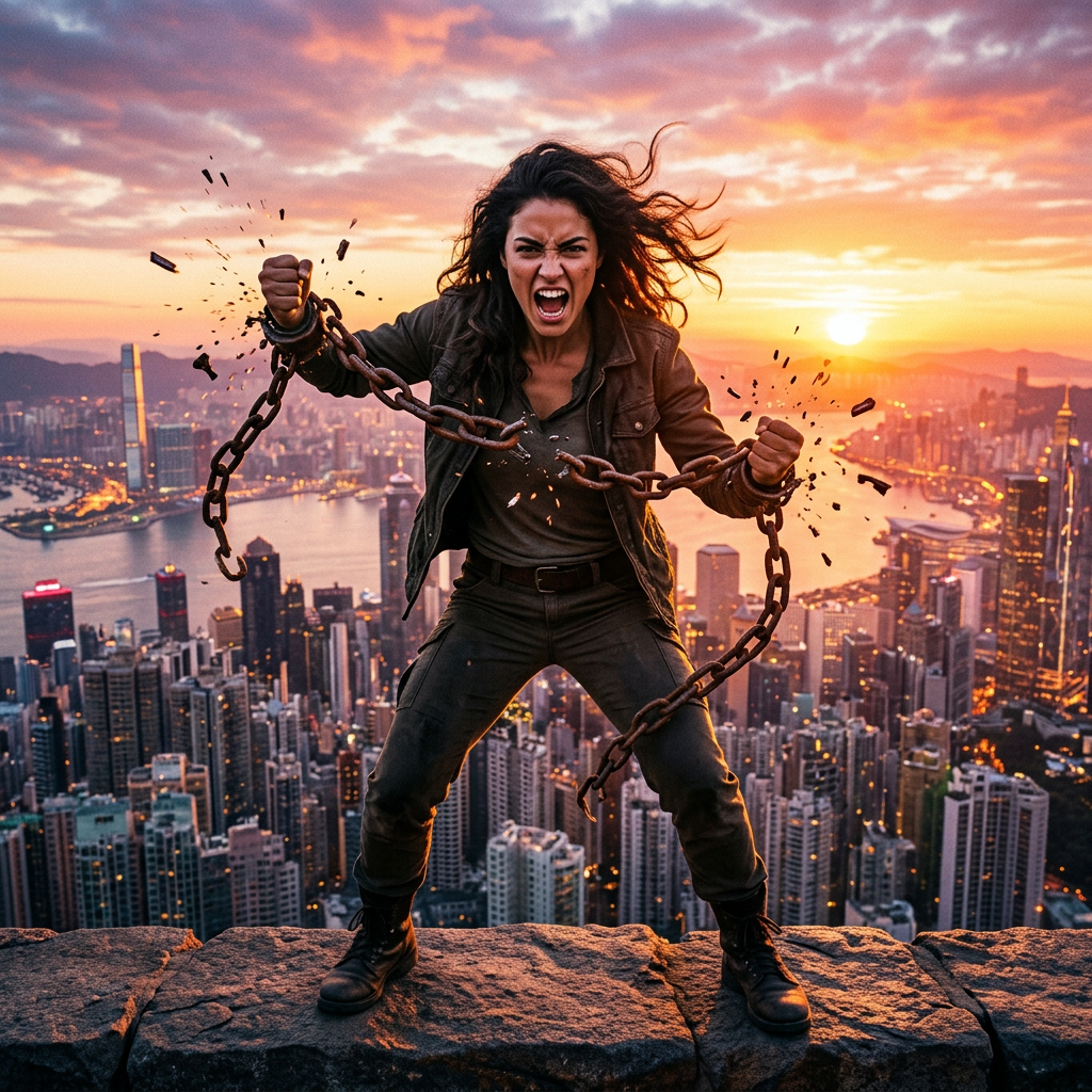 Woman breaking heavy chains with intense expression on city rooftop at sunset