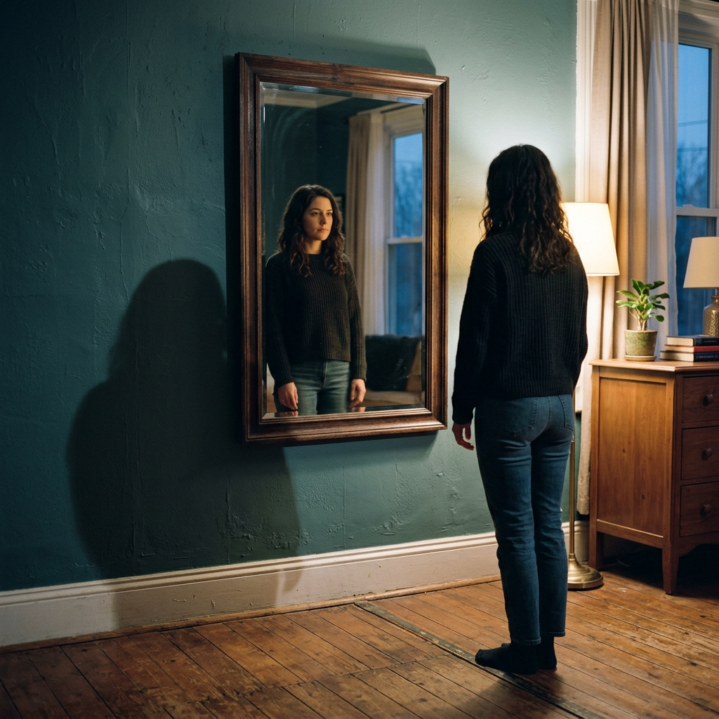 Woman standing barefoot, looking at her reflection in a wall-mounted mirror in a cozy room with wooden floors and soft lighting.
