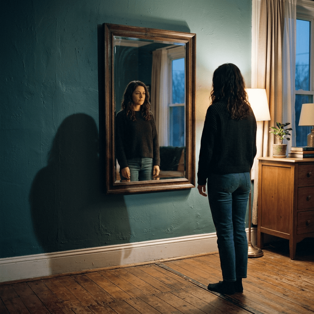 Woman standing barefoot, looking at her reflection in a wall-mounted mirror in a cozy room with wooden floors and soft lighting.