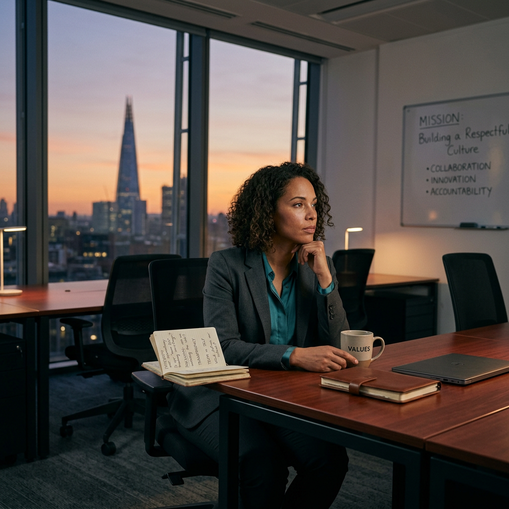 Professional woman sitting thoughtfully in office during sunset with mug labeled 'VALUES'