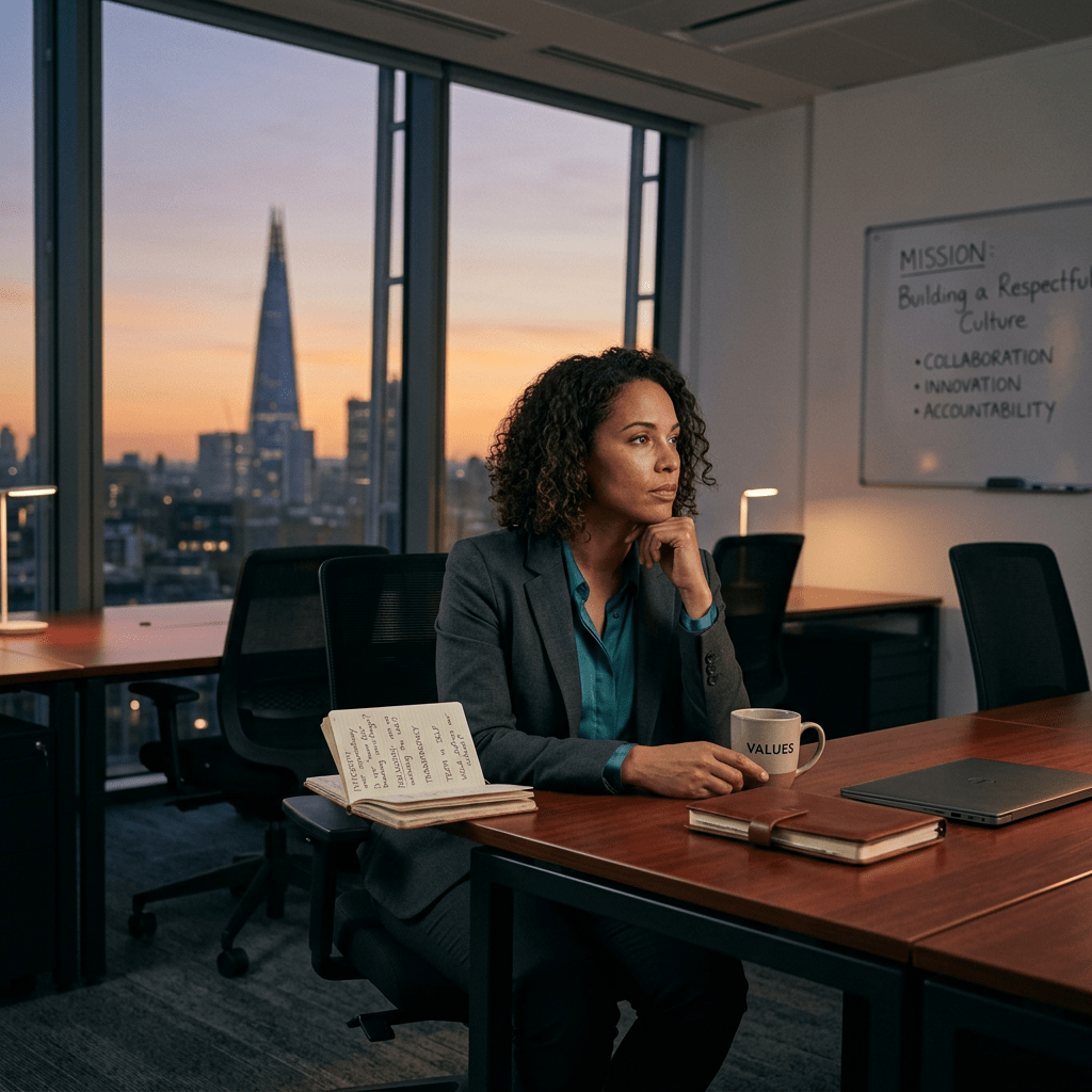 Professional woman sitting thoughtfully in office during sunset with mug labeled 'VALUES'