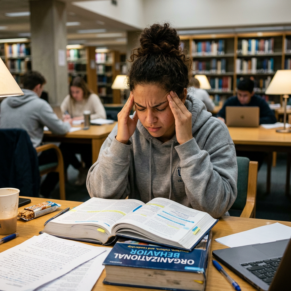 Student in gray hoodie holding head, studying from open books in library