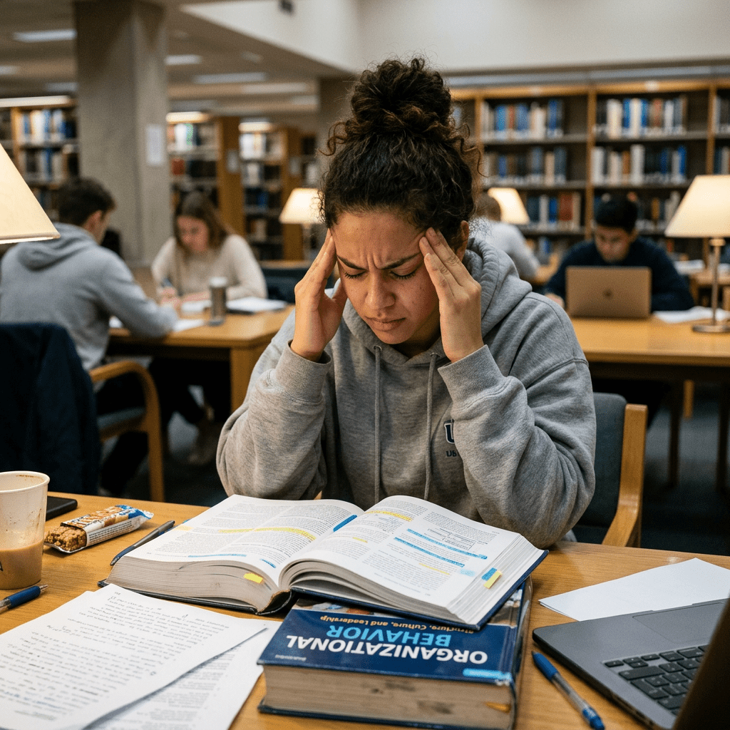Student in gray hoodie holding head, studying from open books in library