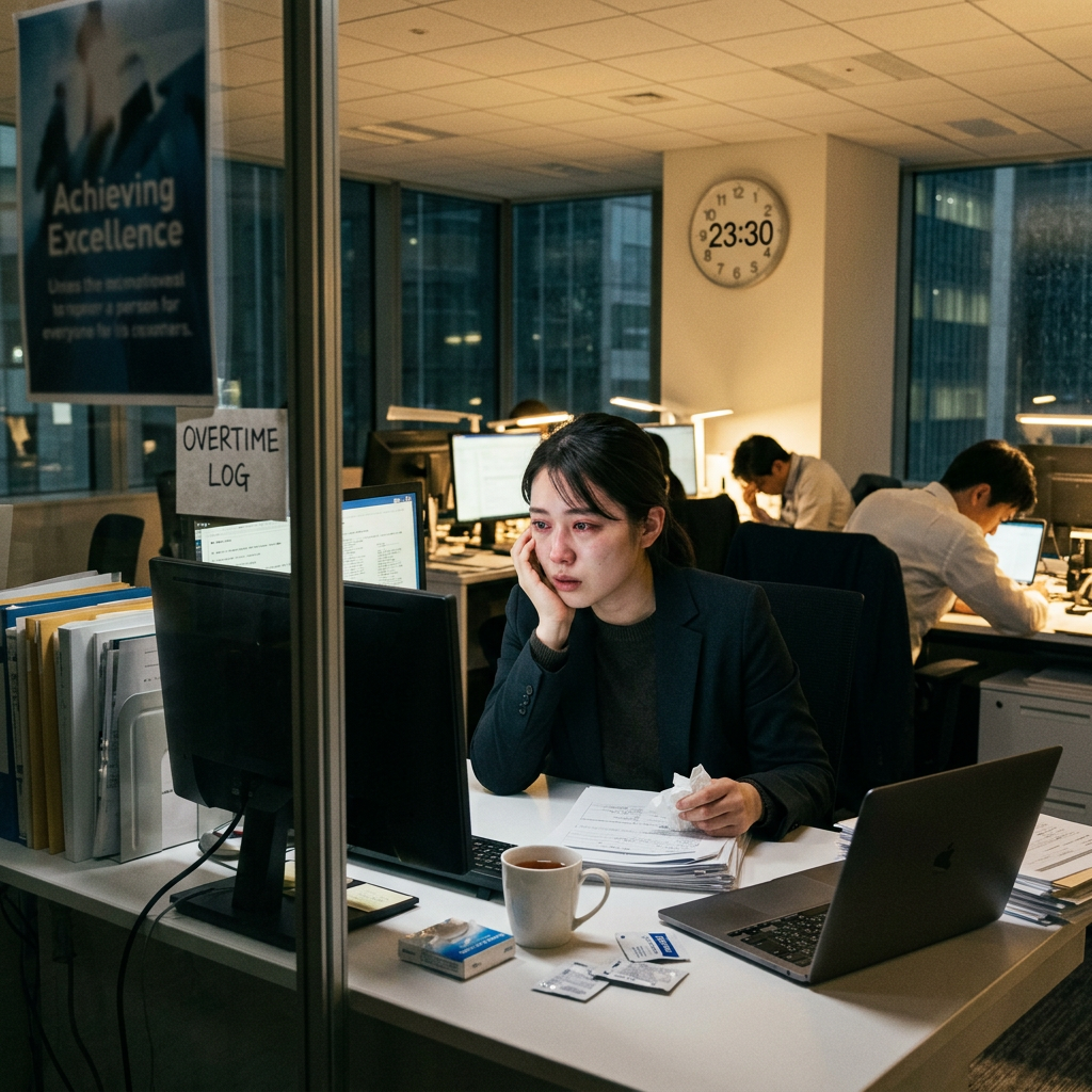 Stressed office worker sitting at desk with computer and paperwork at 11:30 PM