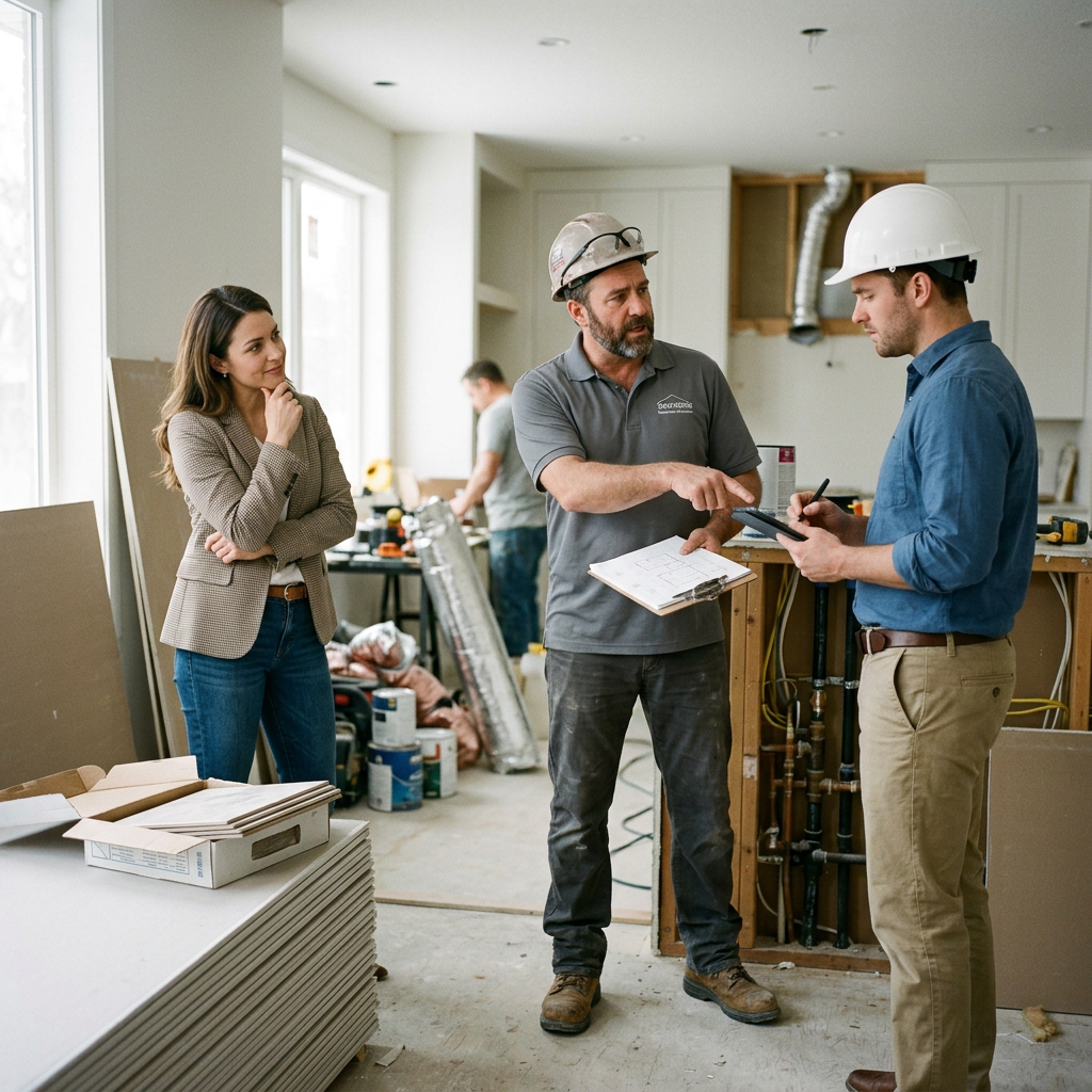 Three people discussing construction plans in a partially completed kitchen