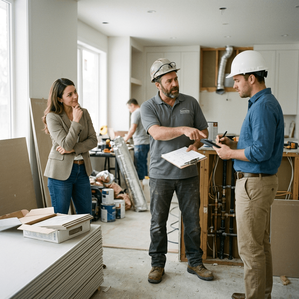 Three people discussing construction plans in a partially completed kitchen