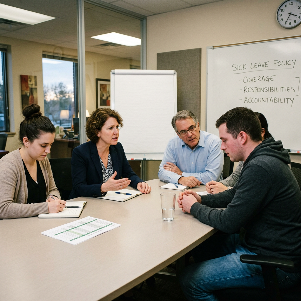 Four people sitting around a table discussing sick leave policy notes on whiteboard