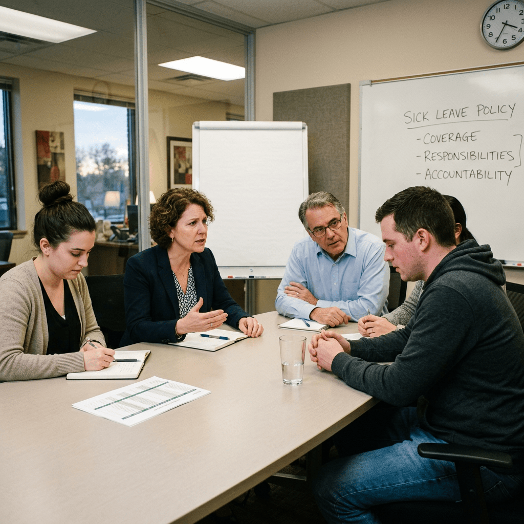 Four people sitting around a table discussing sick leave policy notes on whiteboard