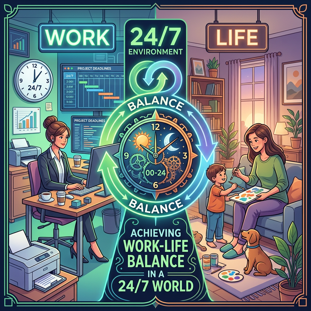 Woman working at a desk with computer and coffee, child painting with mother on couch, dog nearby, clock showing day and night cycle