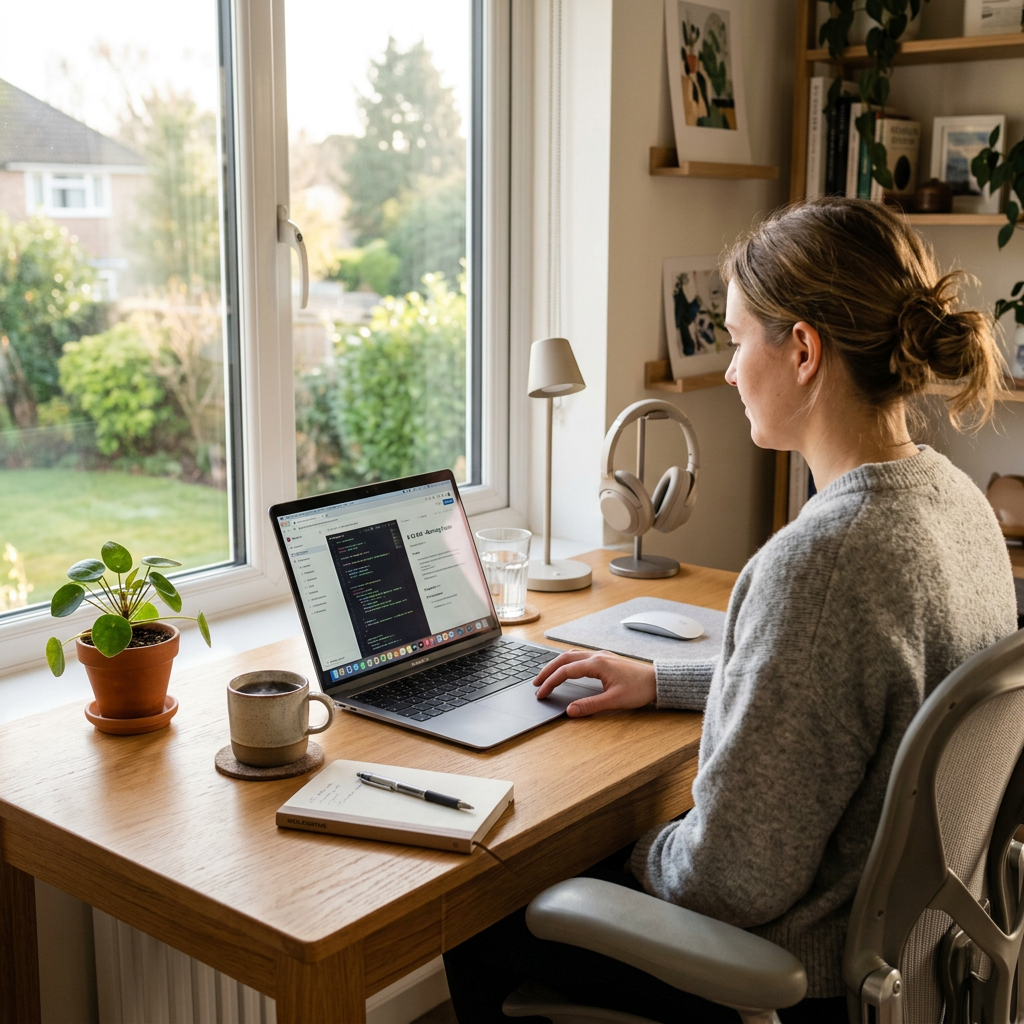 Person sitting at a desk coding on a laptop near a window with outdoor view