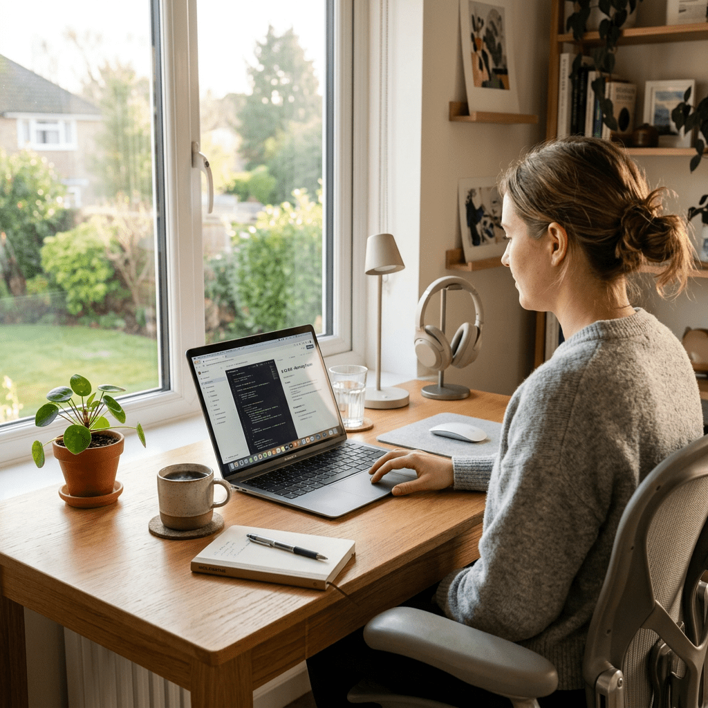 Person sitting at a desk coding on a laptop near a window with outdoor view