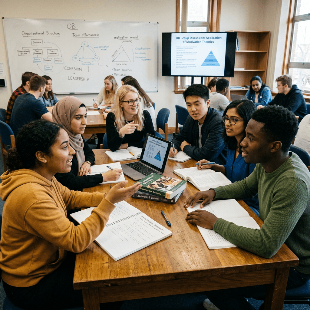 Group of diverse students discussing motivation theories with notebooks and laptop in classroom
