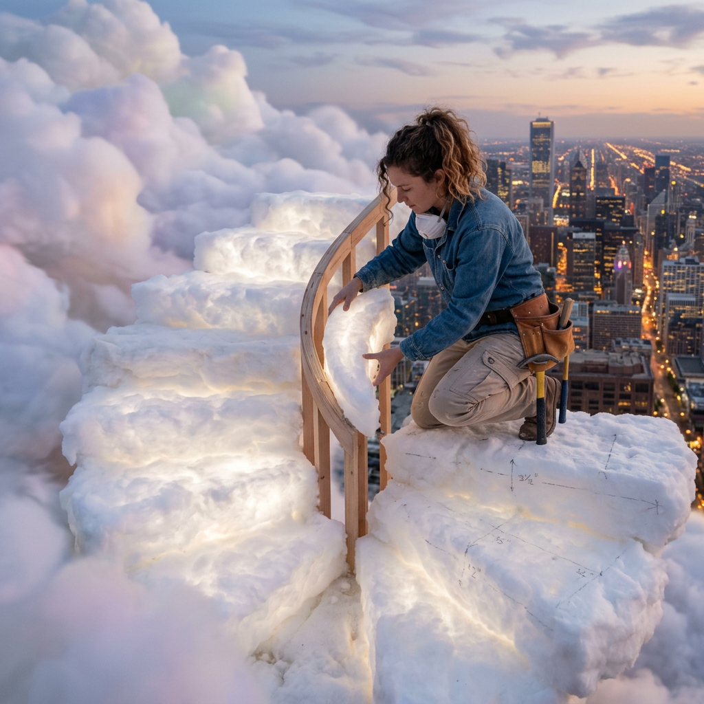 Person assembling illuminated, fluffy cloud-like staircase with city skyline background