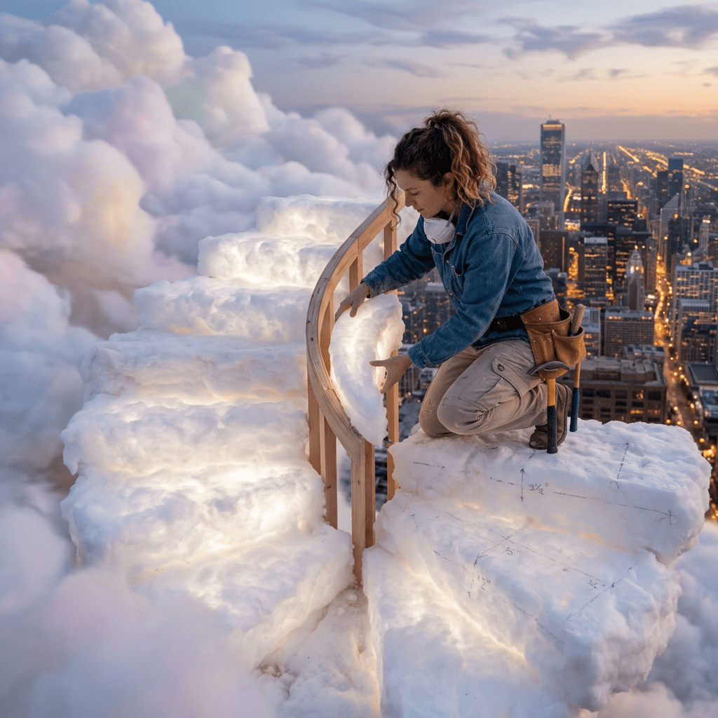 Person assembling illuminated, fluffy cloud-like staircase with city skyline background
