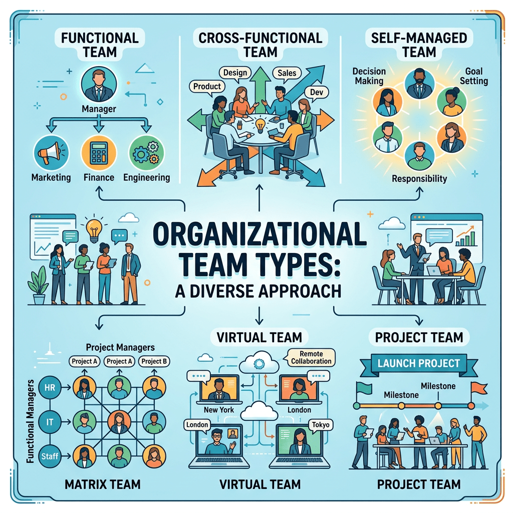Diagram showing different types of organizational teams including functional, cross-functional, self-managed, matrix, virtual, and project teams with key roles and activities.