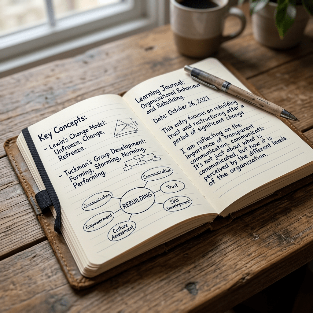 Handwritten notes in a journal about organizational behavior and rebuilding with key concepts and a dated entry