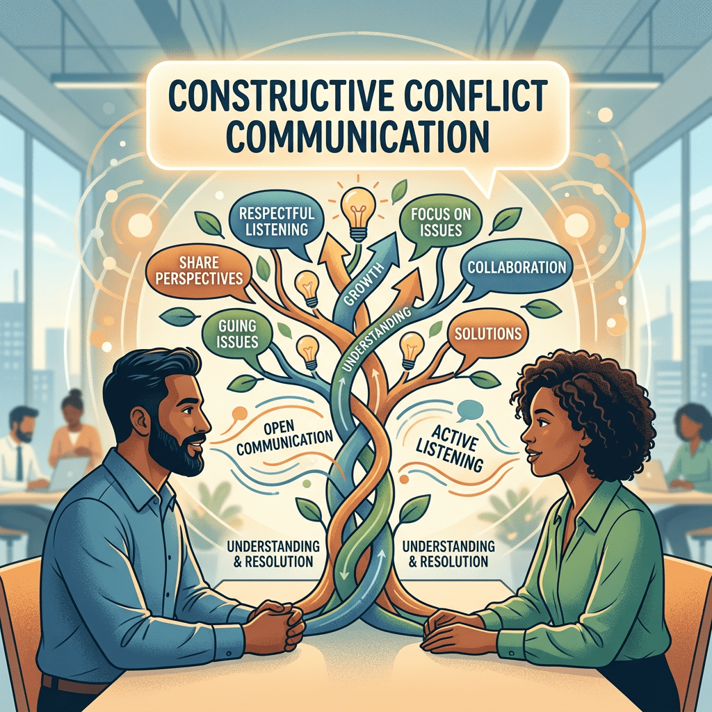 Two people sitting across from each other discussing constructive conflict communication with speech bubbles showing respectful listening, focus on issues, collaboration, and solutions