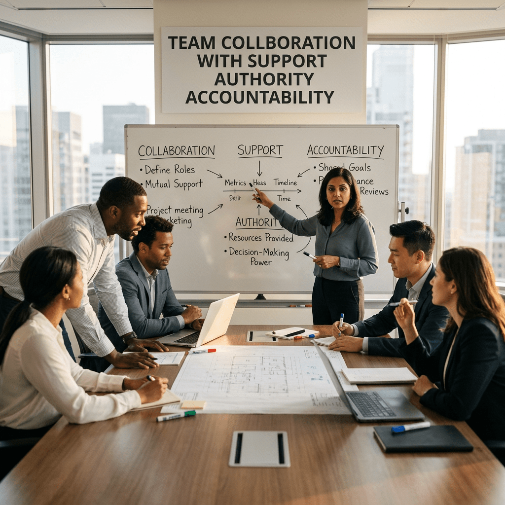 Business team in meeting room with whiteboard showing collaboration, support, authority, accountability topics