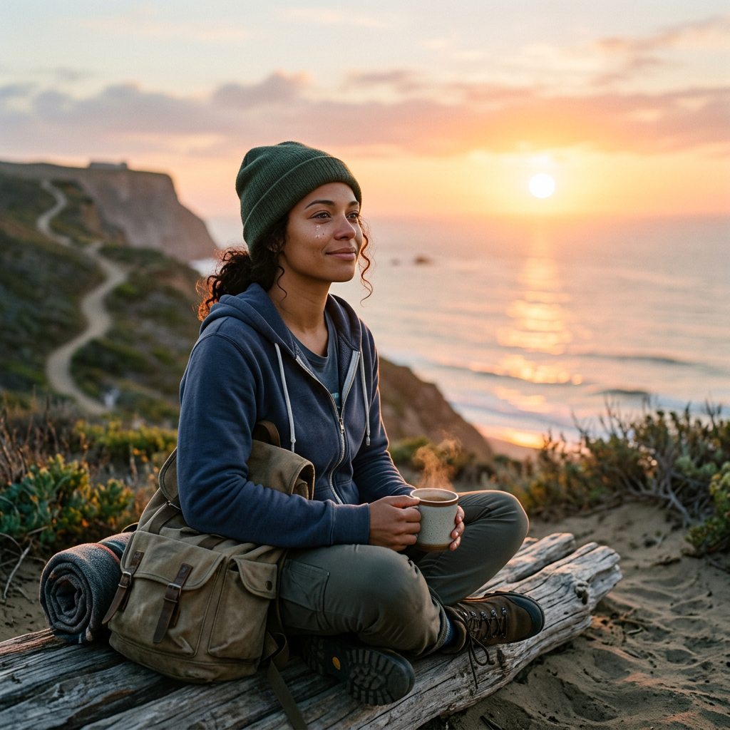 Woman sitting on driftwood near ocean at sunset holding a mug