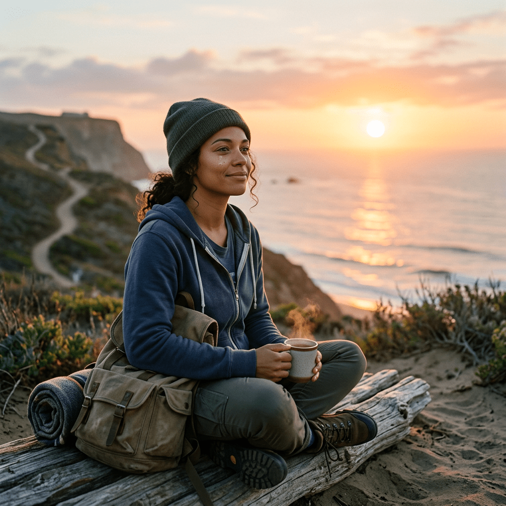 Woman sitting on driftwood near ocean at sunset holding a mug