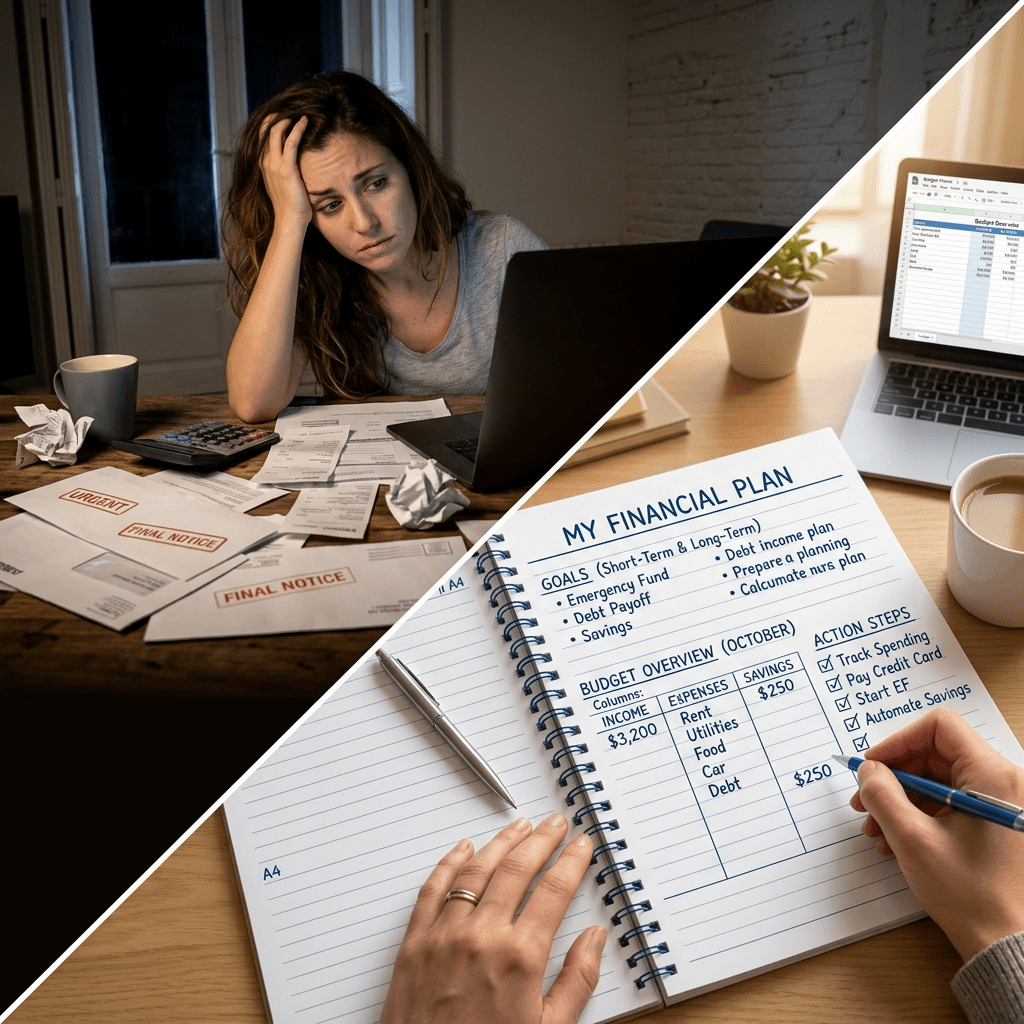 Stressed woman with bills and calculator; notebook with detailed financial plan and checklist