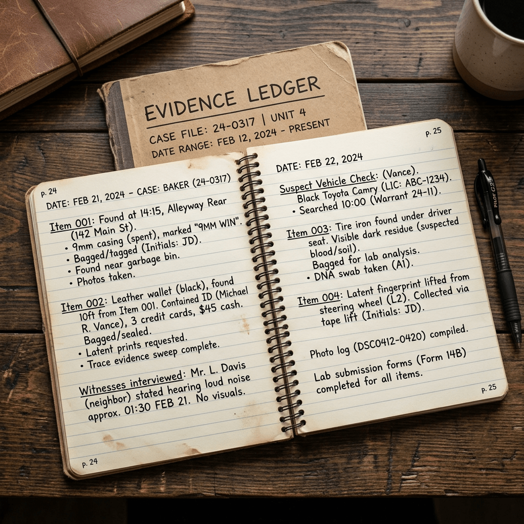 Notebook pages with handwritten notes documenting evidence items and witness interviews dated February 21-22, 2024