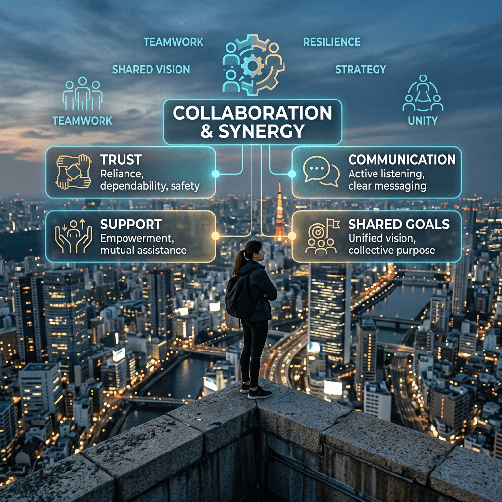 Infographic showing trust, communication, support, and shared goals for collaboration