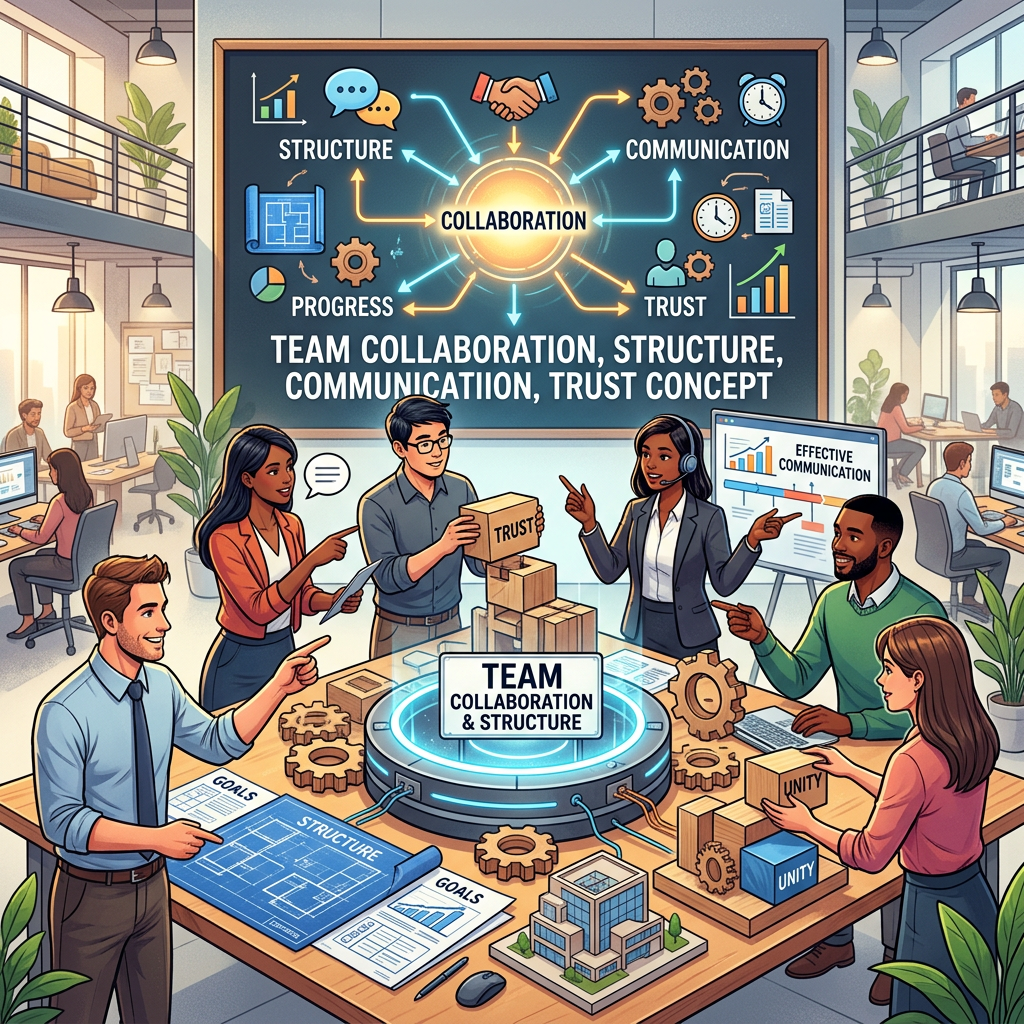 Team discussing collaboration, structure, trust, and communication concepts around a table with charts and building blocks